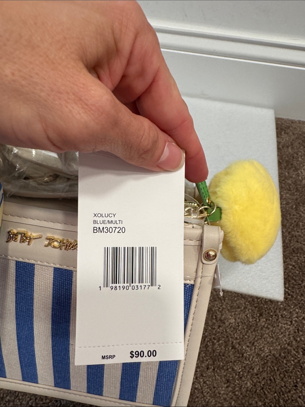 Betsey Johnson Blue & Cream Striped Mini Tote with lemon scarf & charm NWT - Picture 6 of 8